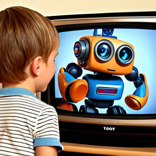 Home 4 A nostalgic scene of a child in 2009, eyes glued to the TV, utterly captivated by the animated series Tobot. The child clutches a Tobot toy, radiating pure happiness.