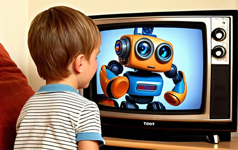 A nostalgic scene of a child in 2009, eyes glued to the TV, utterly captivated by the animated series Tobot. The child clutches a Tobot toy, radiating pure happiness.