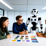 A diverse team of professional designers and storytellers, fully clothed, appropriate attire, modest clothing, collaborating around a large digital display showing intricate robot designs and vibrant animated storyboards. One person points at a highly detailed physical robot prototype on a modern table. The setting is a clean, contemporary creative studio filled with natural light, showcasing concept art on walls, drawing tablets, and various design tools. The atmosphere is focused and innovative, reflecting dedication to crafting engaging children's content. Professional photography, high quality, perfect anatomy, correct proportions, natural pose, well-formed hands, proper finger count, natural body proportions. Safe for work, appropriate content, fully clothed, family-friendly.