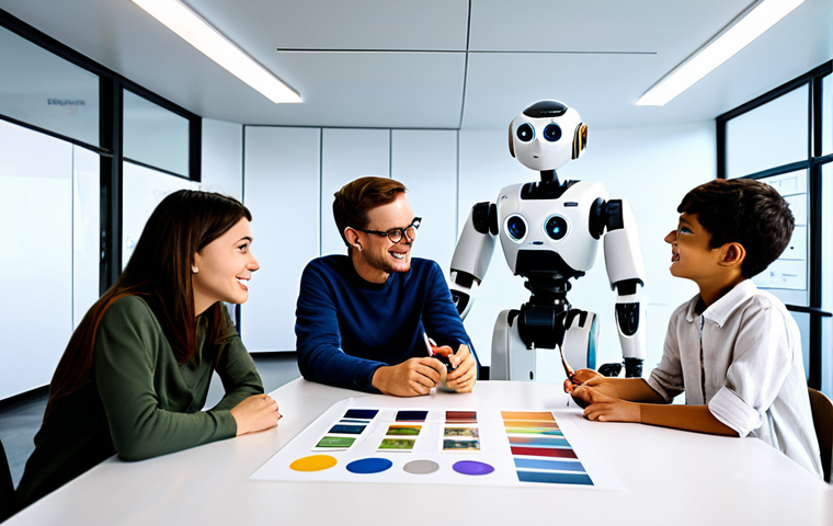 A diverse team of professional designers and storytellers, fully clothed, appropriate attire, modest clothing, collaborating around a large digital display showing intricate robot designs and vibrant animated storyboards. One person points at a highly detailed physical robot prototype on a modern table. The setting is a clean, contemporary creative studio filled with natural light, showcasing concept art on walls, drawing tablets, and various design tools. The atmosphere is focused and innovative, reflecting dedication to crafting engaging children's content. Professional photography, high quality, perfect anatomy, correct proportions, natural pose, well-formed hands, proper finger count, natural body proportions. Safe for work, appropriate content, fully clothed, family-friendly.